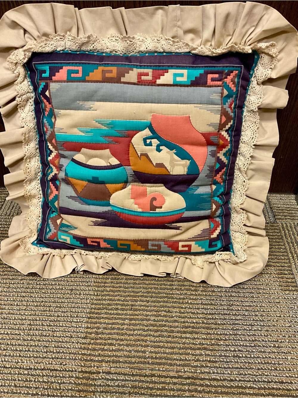 Vintage Throw Pillow  Clay Pots Southwest Santa Fe - Blue Red Tan